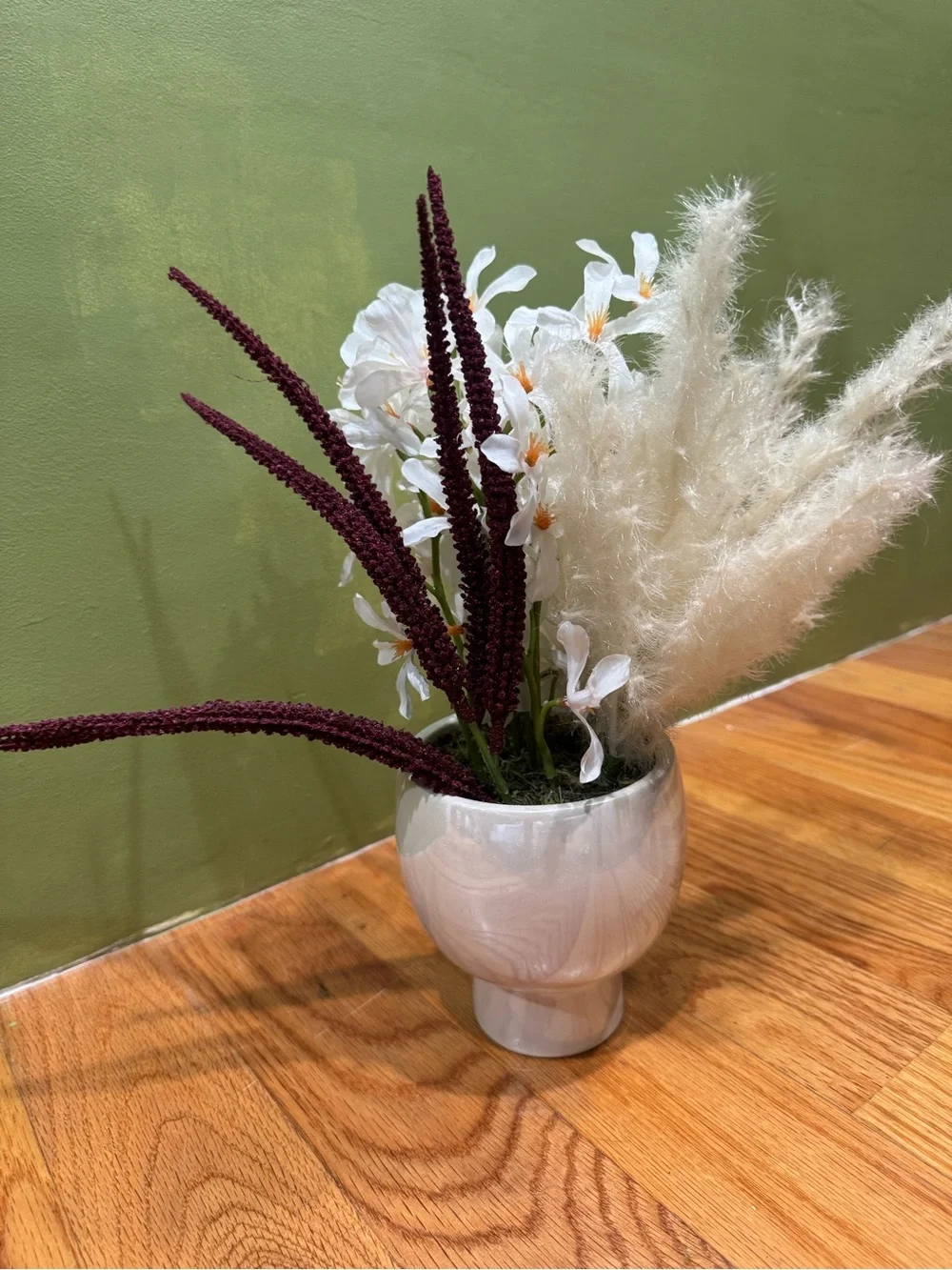 Elegant White Floral Arrangement with Cream Pampas in Silver Vase